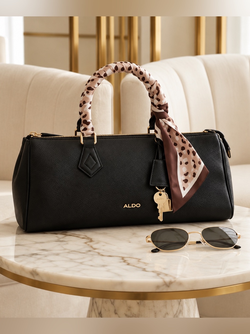 Aldo Black Satchel with Scarf-Wrapped Handle and Lock & Key